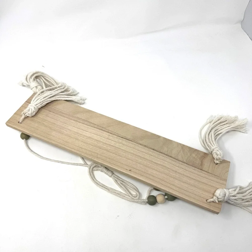 Macrame Hanging Wall Shelf Wood Swing Floating Boho Sage Green Bead Tassel Decor